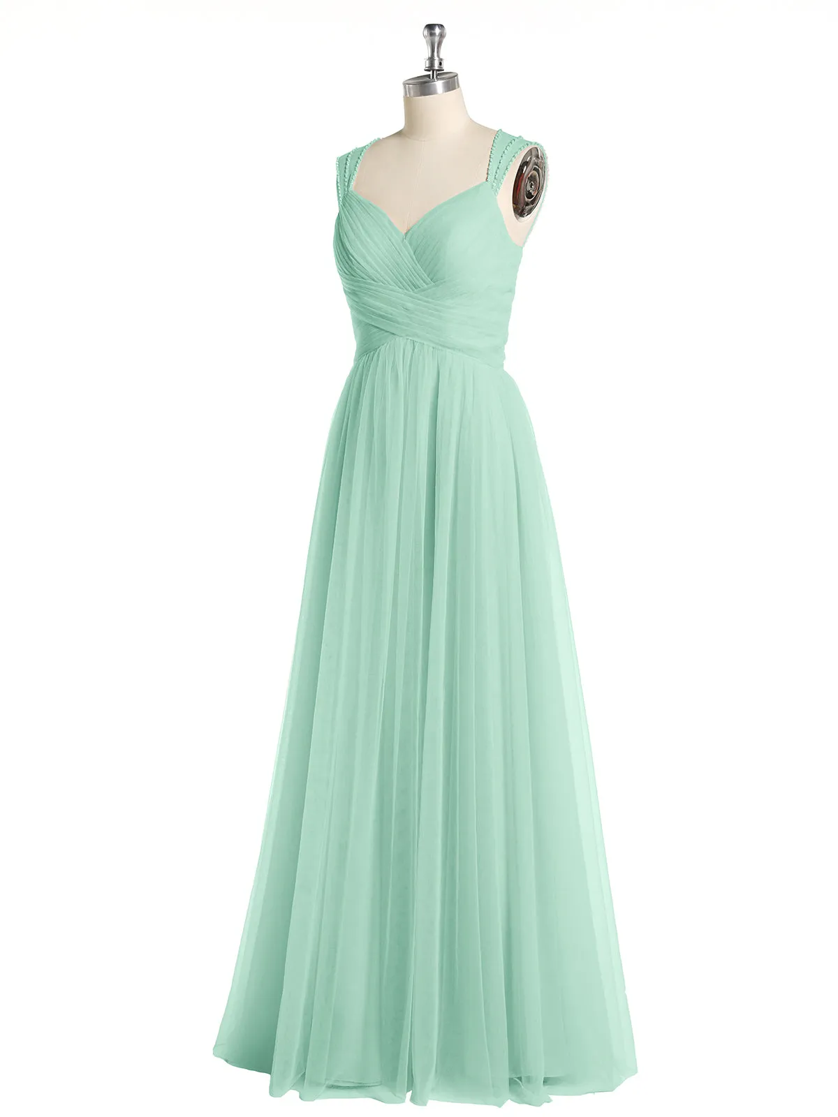 Cross-Pleated Tulle Long Dresses with Beaded Straps Mint Green