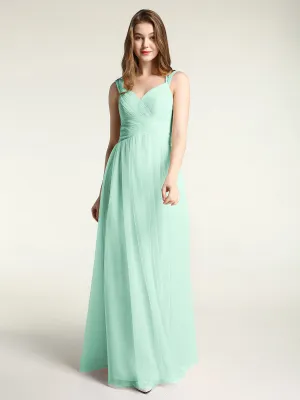 Cross-Pleated Tulle Long Dresses with Beaded Straps Mint Green