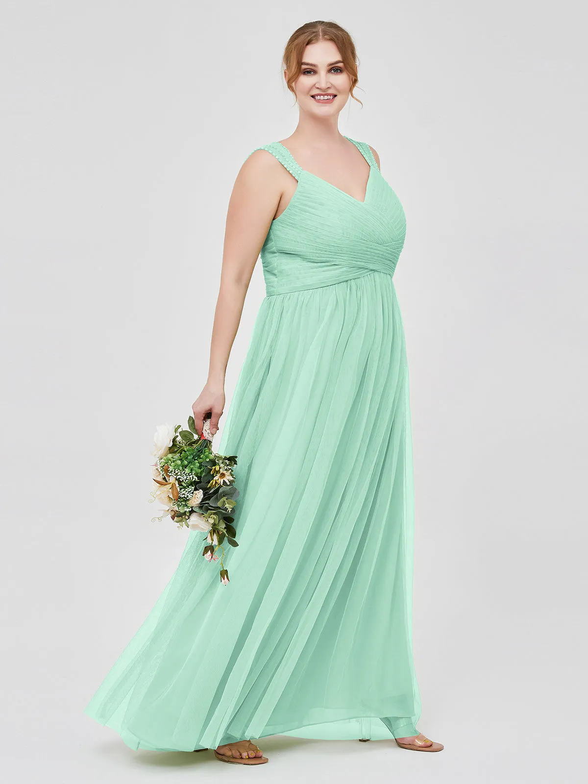 Cross-Pleated Tulle Long Dresses with Beaded Straps Mint Green