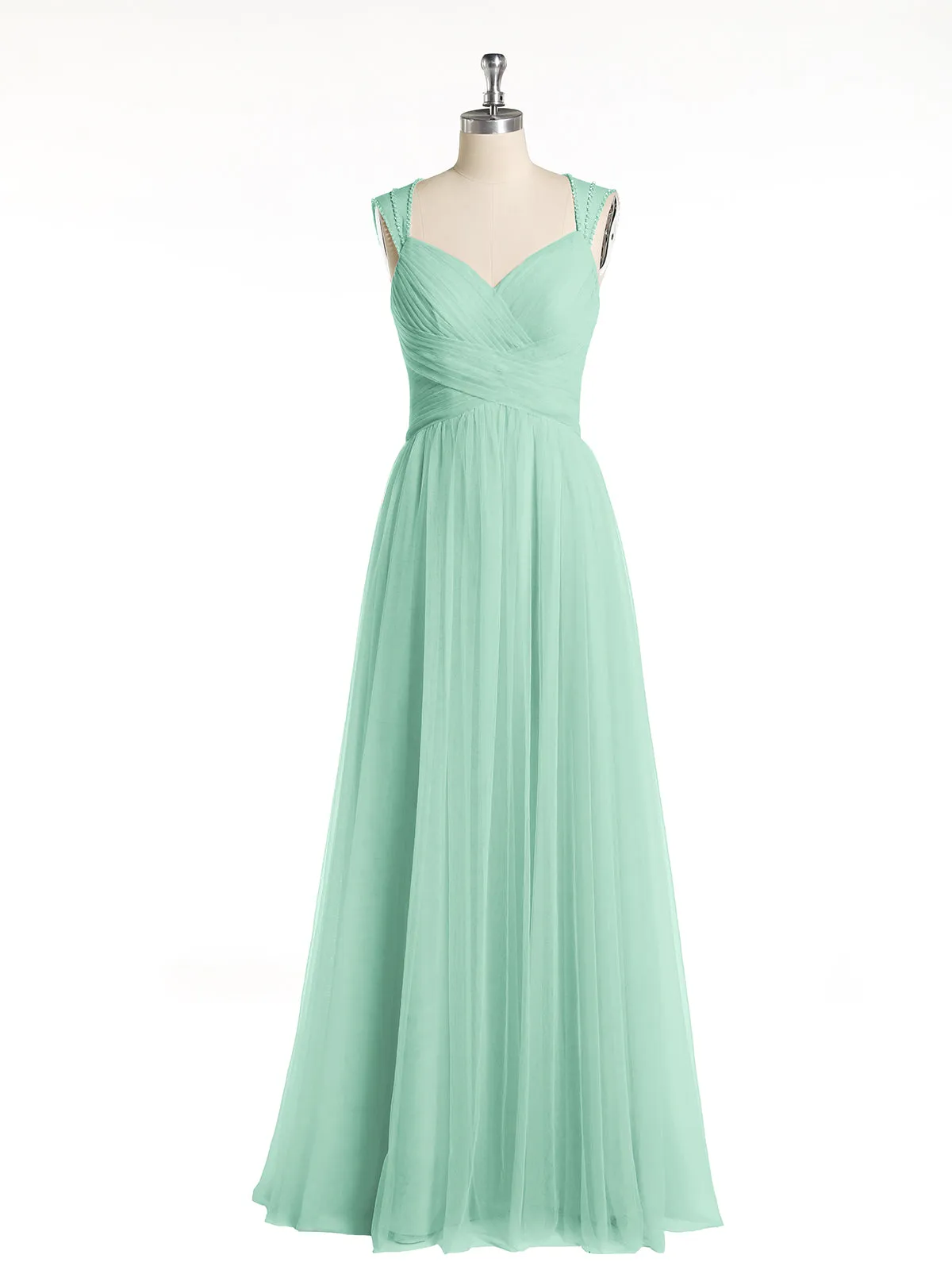 Cross-Pleated Tulle Long Dresses with Beaded Straps Mint Green