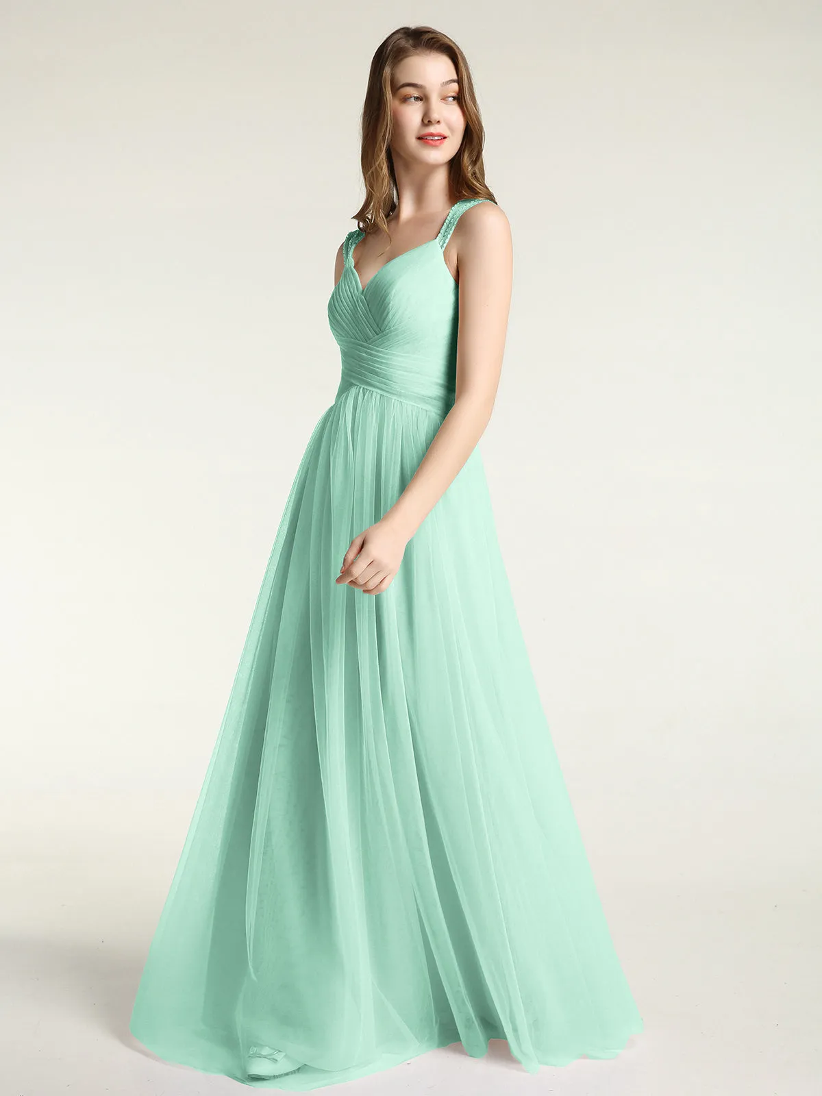 Cross-Pleated Tulle Long Dresses with Beaded Straps Mint Green