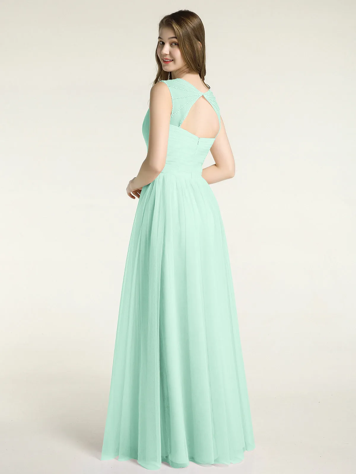 Cross-Pleated Tulle Long Dresses with Beaded Straps Mint Green