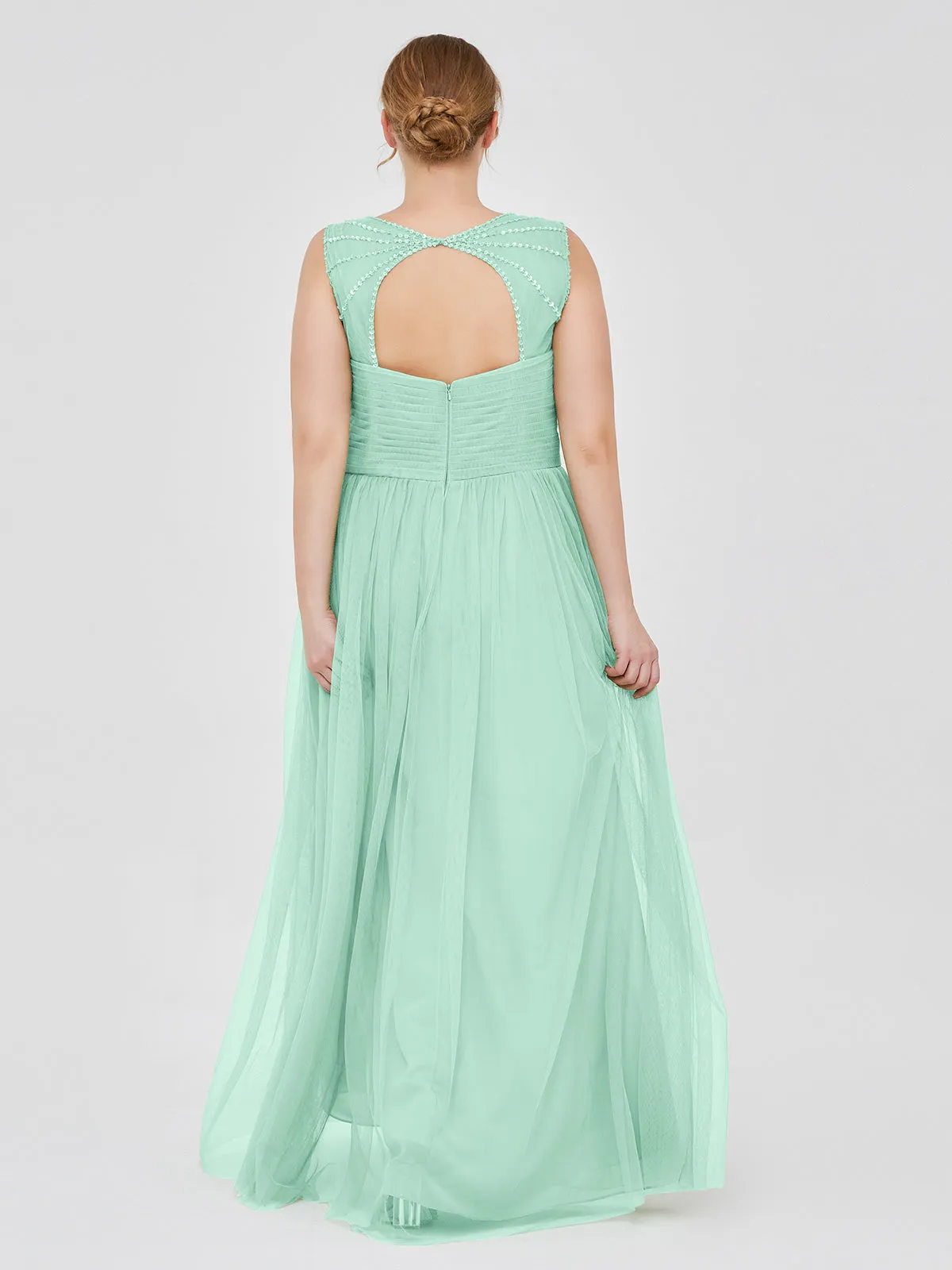 Cross-Pleated Tulle Long Dresses with Beaded Straps Mint Green
