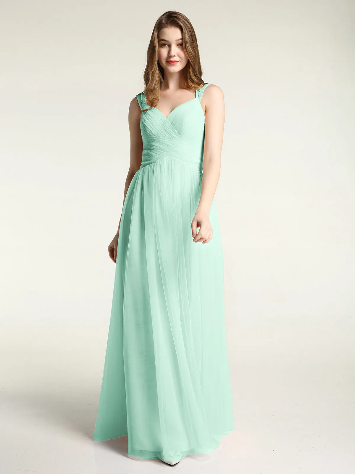 Cross-Pleated Tulle Long Dresses with Beaded Straps Mint Green