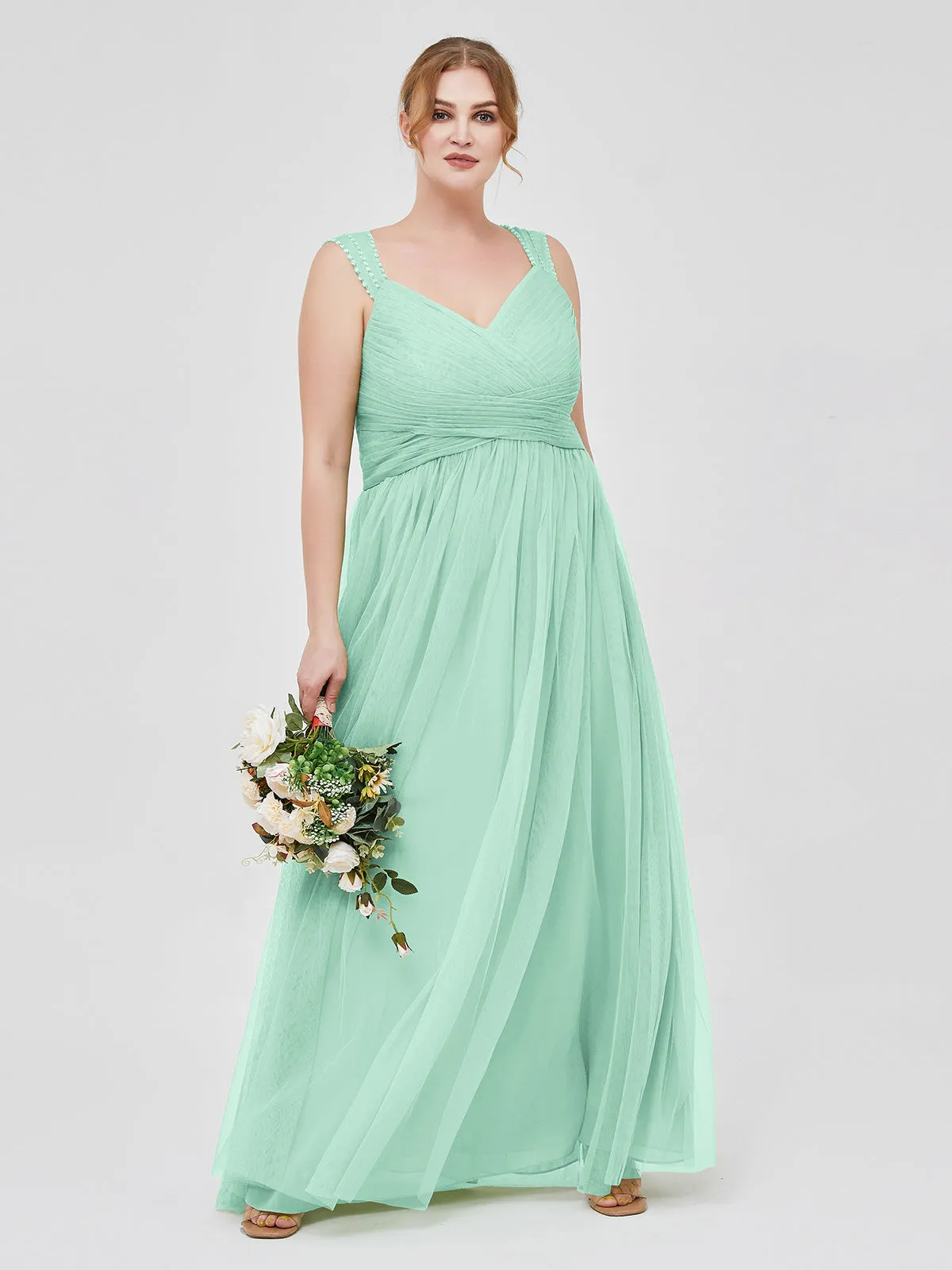 Cross-Pleated Tulle Long Dresses with Beaded Straps Mint Green