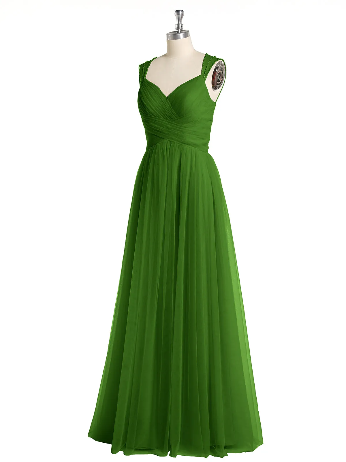 Cross-Pleated Tulle Long Dresses with Beaded Straps Moss Plus Size