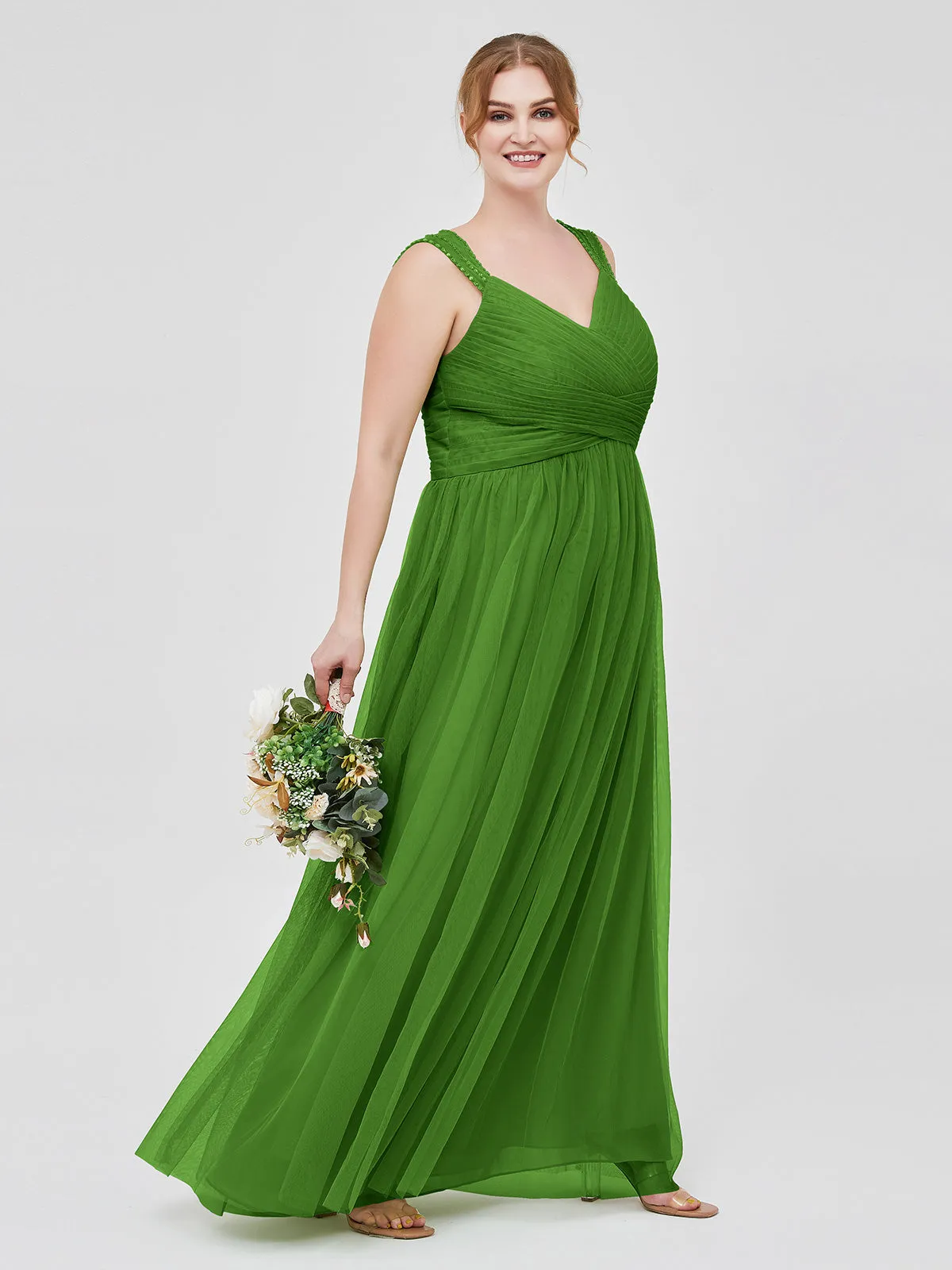 Cross-Pleated Tulle Long Dresses with Beaded Straps Moss Plus Size