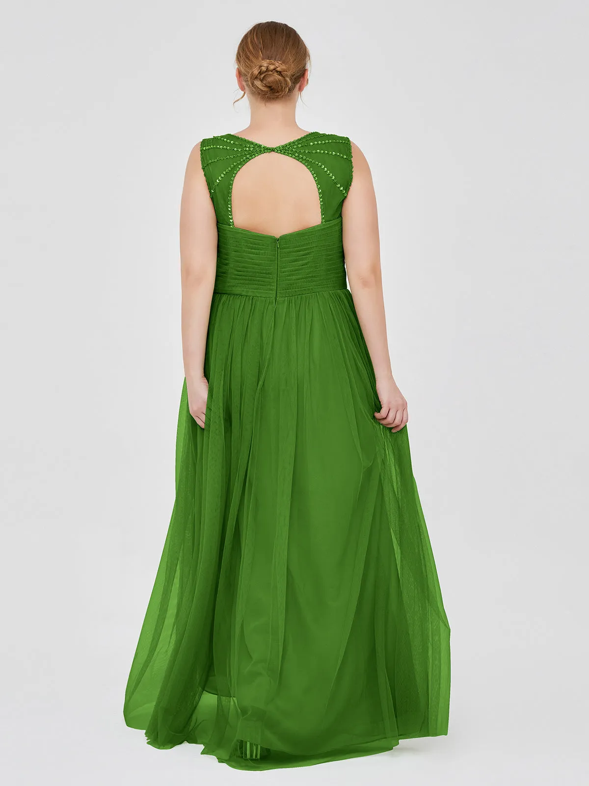 Cross-Pleated Tulle Long Dresses with Beaded Straps Moss Plus Size