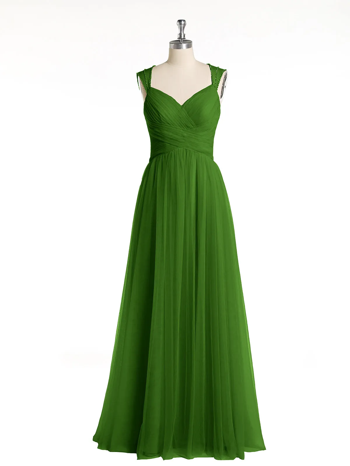Cross-Pleated Tulle Long Dresses with Beaded Straps Moss Plus Size