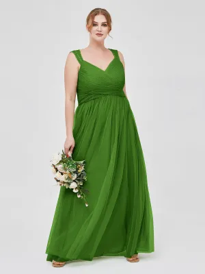 Cross-Pleated Tulle Long Dresses with Beaded Straps Moss Plus Size