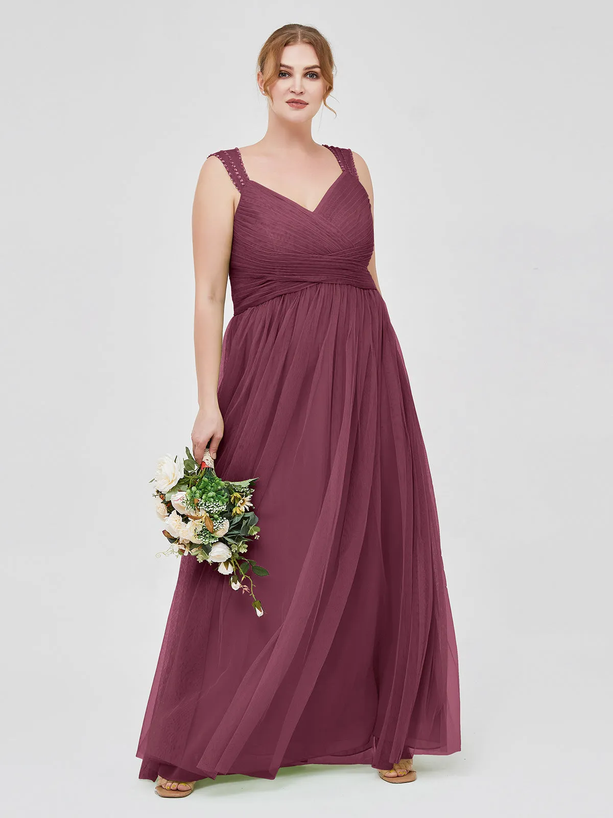 Cross-Pleated Tulle Long Dresses with Beaded Straps Mulberry