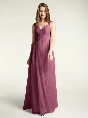 Cross-Pleated Tulle Long Dresses with Beaded Straps Mulberry