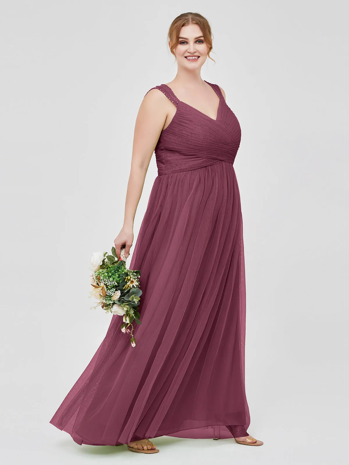 Cross-Pleated Tulle Long Dresses with Beaded Straps Mulberry
