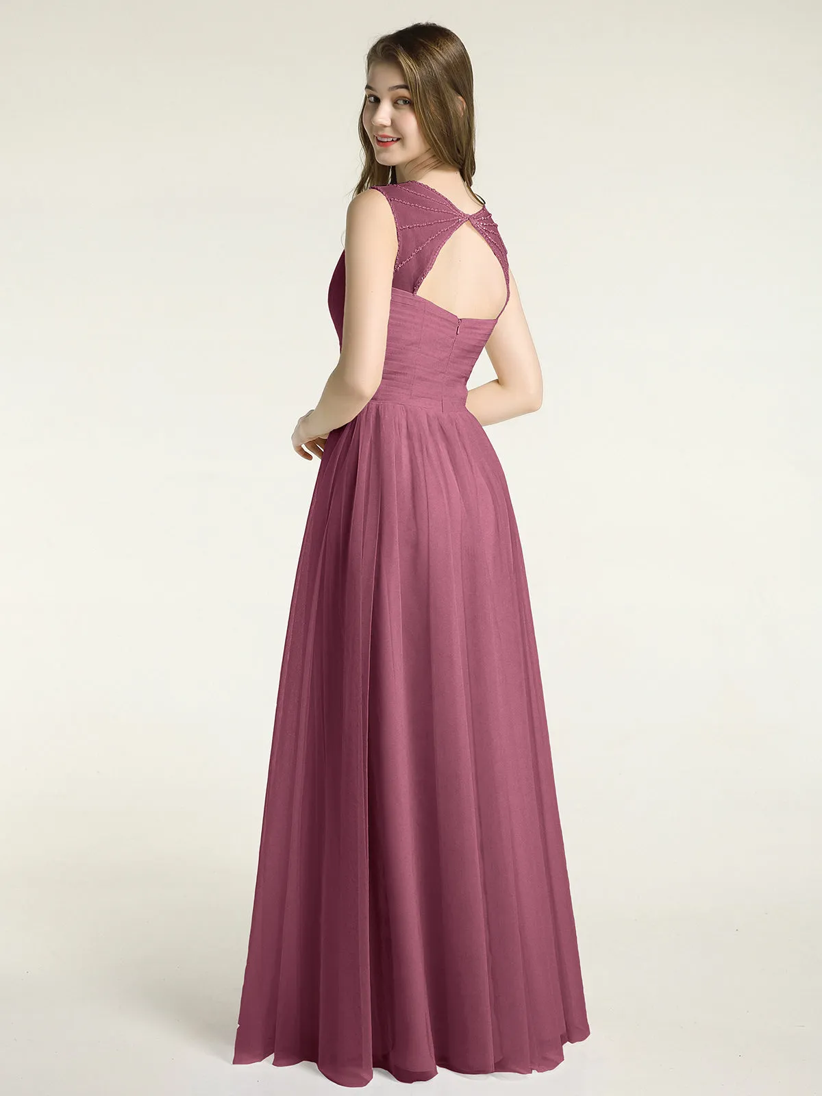 Cross-Pleated Tulle Long Dresses with Beaded Straps Mulberry