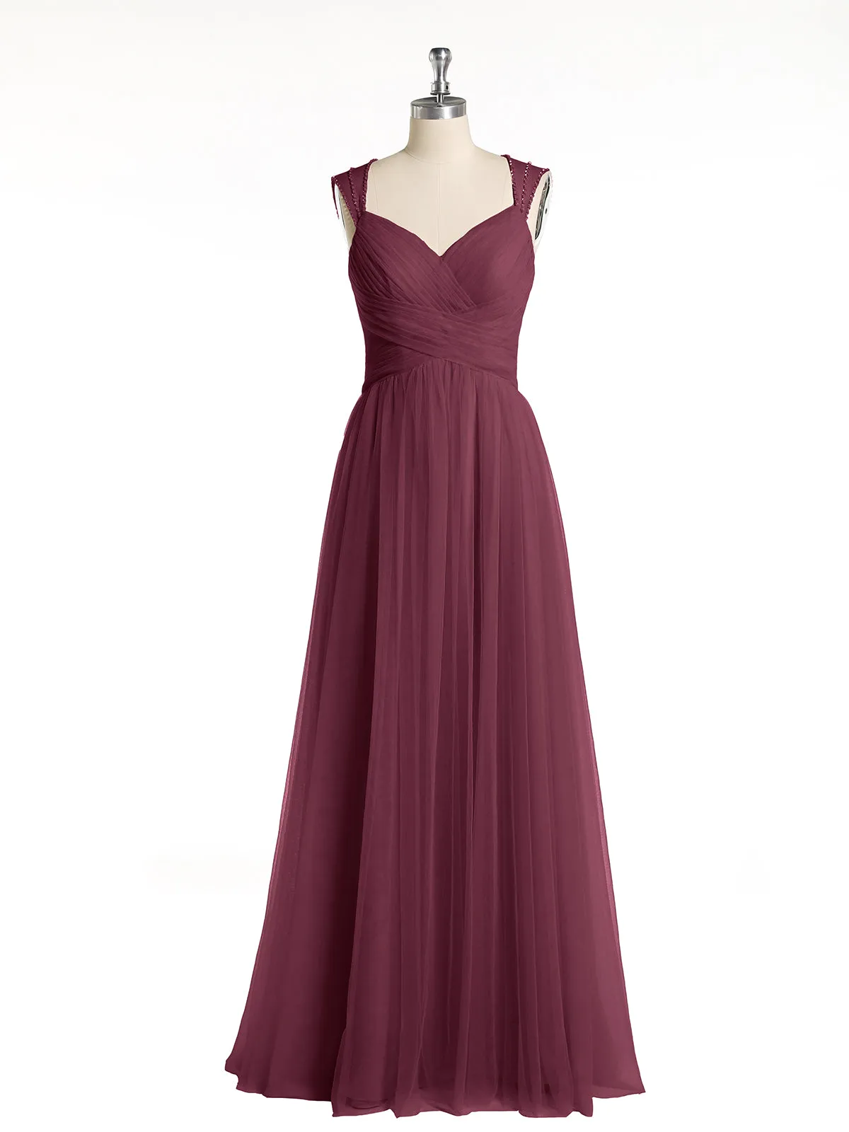 Cross-Pleated Tulle Long Dresses with Beaded Straps Mulberry
