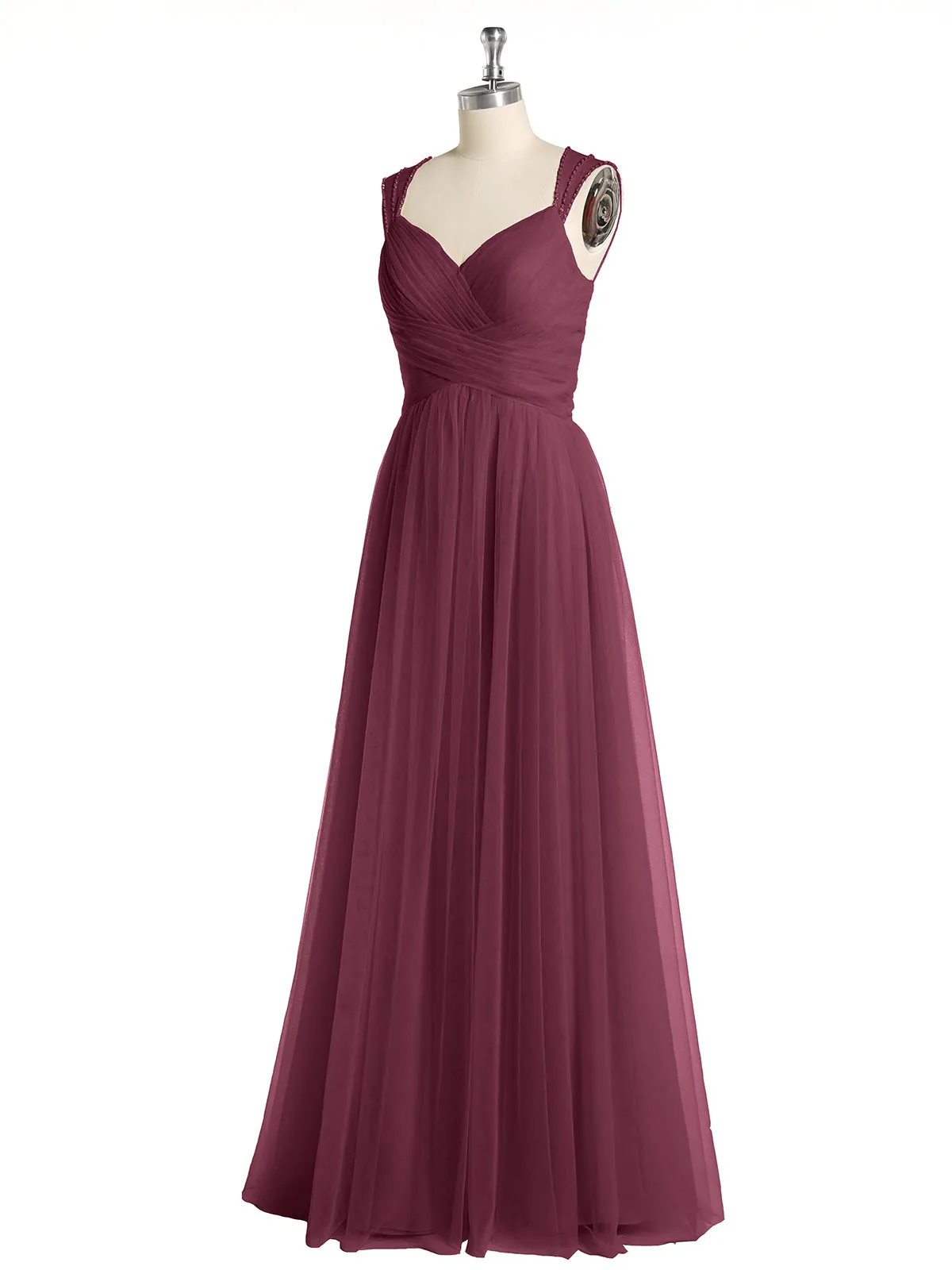 Cross-Pleated Tulle Long Dresses with Beaded Straps Mulberry
