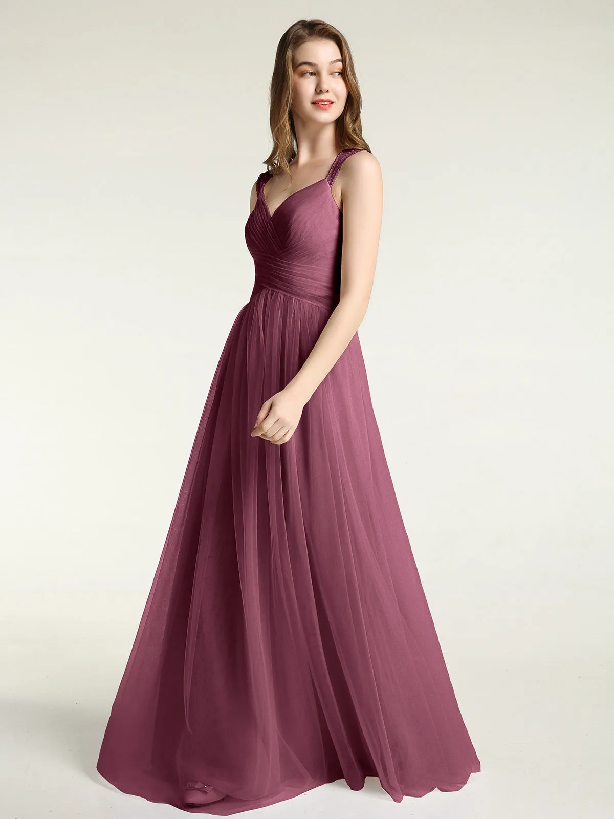 Cross-Pleated Tulle Long Dresses with Beaded Straps Mulberry