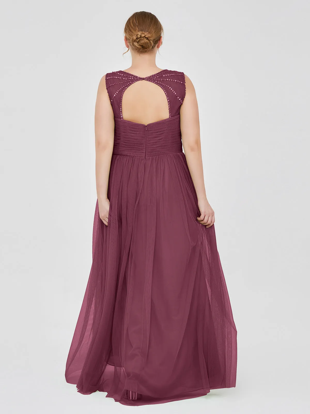 Cross-Pleated Tulle Long Dresses with Beaded Straps Mulberry