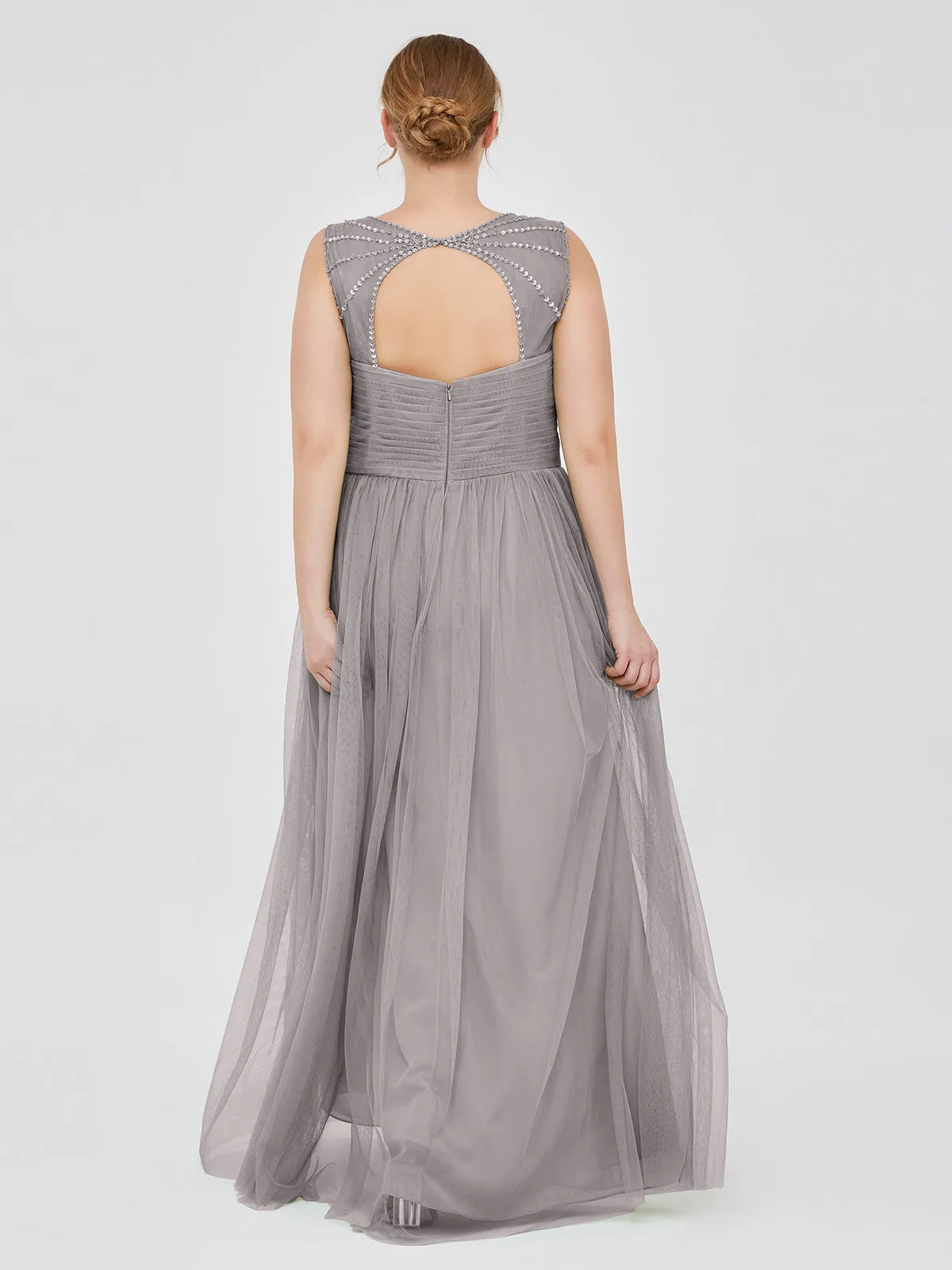 Cross-Pleated Tulle Long Dresses with Beaded Straps Silver Plus Size