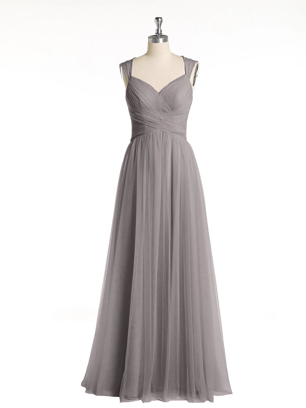 Cross-Pleated Tulle Long Dresses with Beaded Straps Silver Plus Size