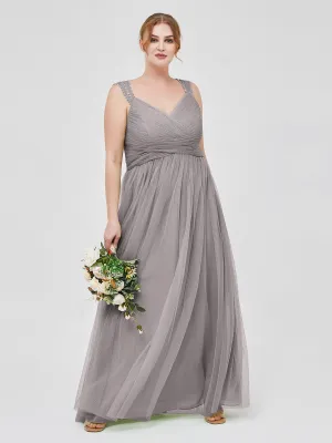 Cross-Pleated Tulle Long Dresses with Beaded Straps Silver Plus Size