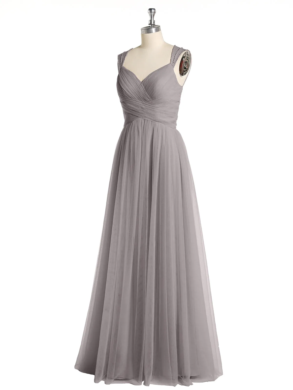 Cross-Pleated Tulle Long Dresses with Beaded Straps Silver Plus Size