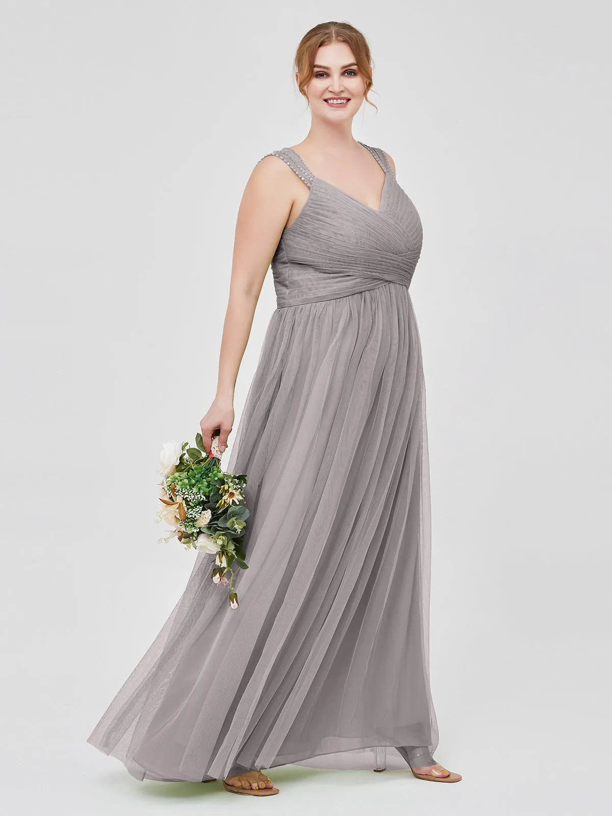 Cross-Pleated Tulle Long Dresses with Beaded Straps Silver Plus Size