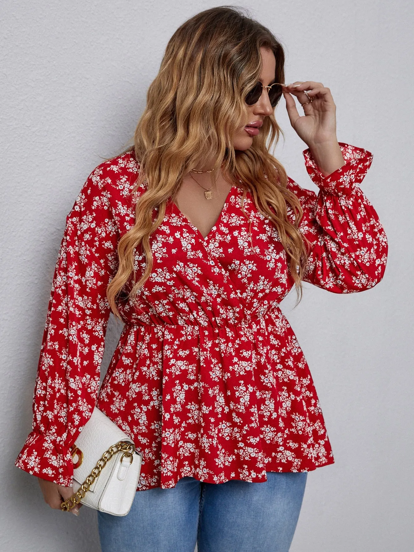 Ditsy Floral Wrap Long Sleeve V Neck Flared Regular Plus Size Blouse