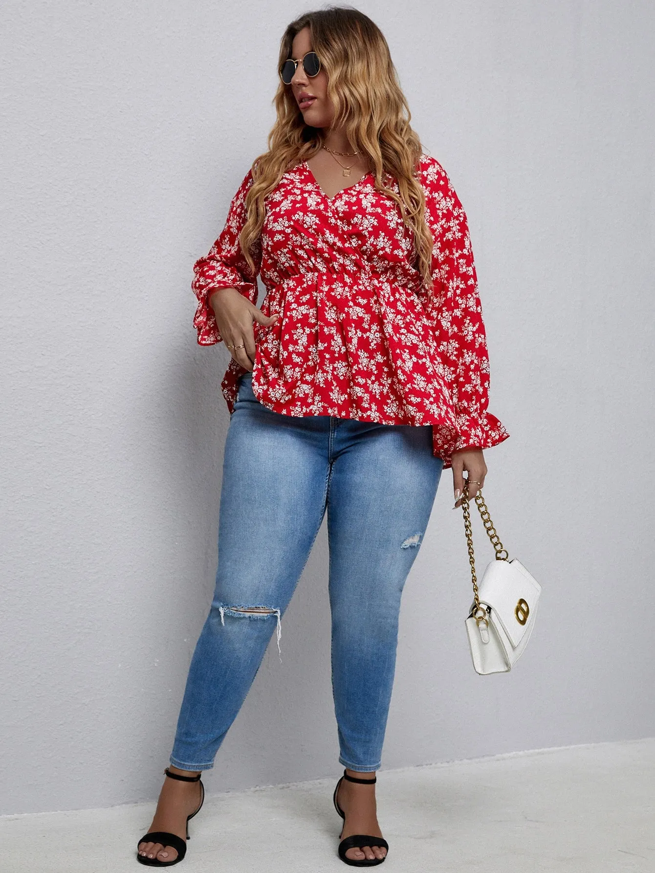 Ditsy Floral Wrap Long Sleeve V Neck Flared Regular Plus Size Blouse