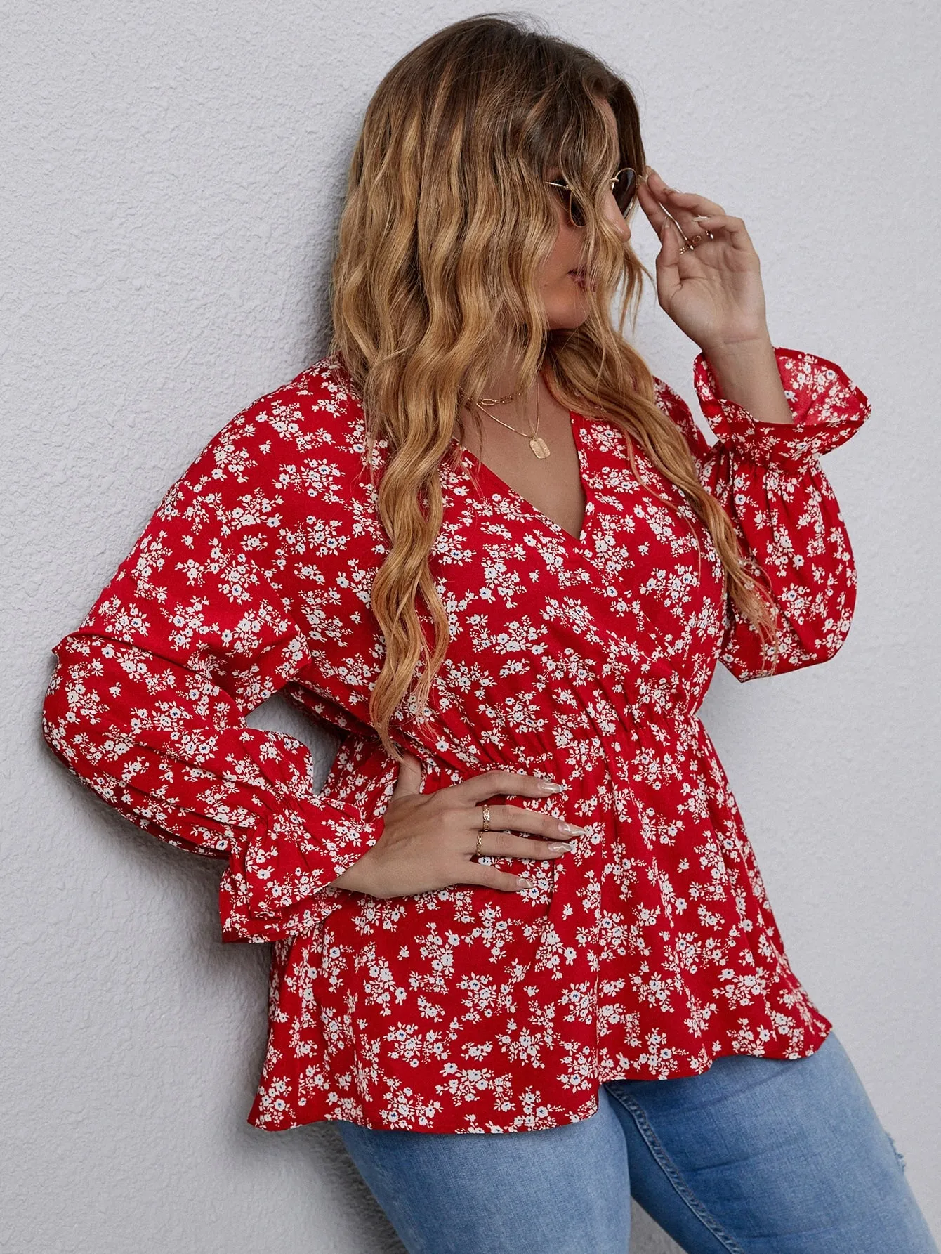Ditsy Floral Wrap Long Sleeve V Neck Flared Regular Plus Size Blouse