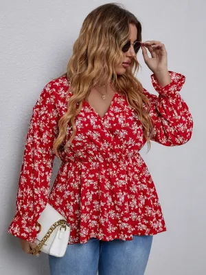Ditsy Floral Wrap Long Sleeve V Neck Flared Regular Plus Size Blouse