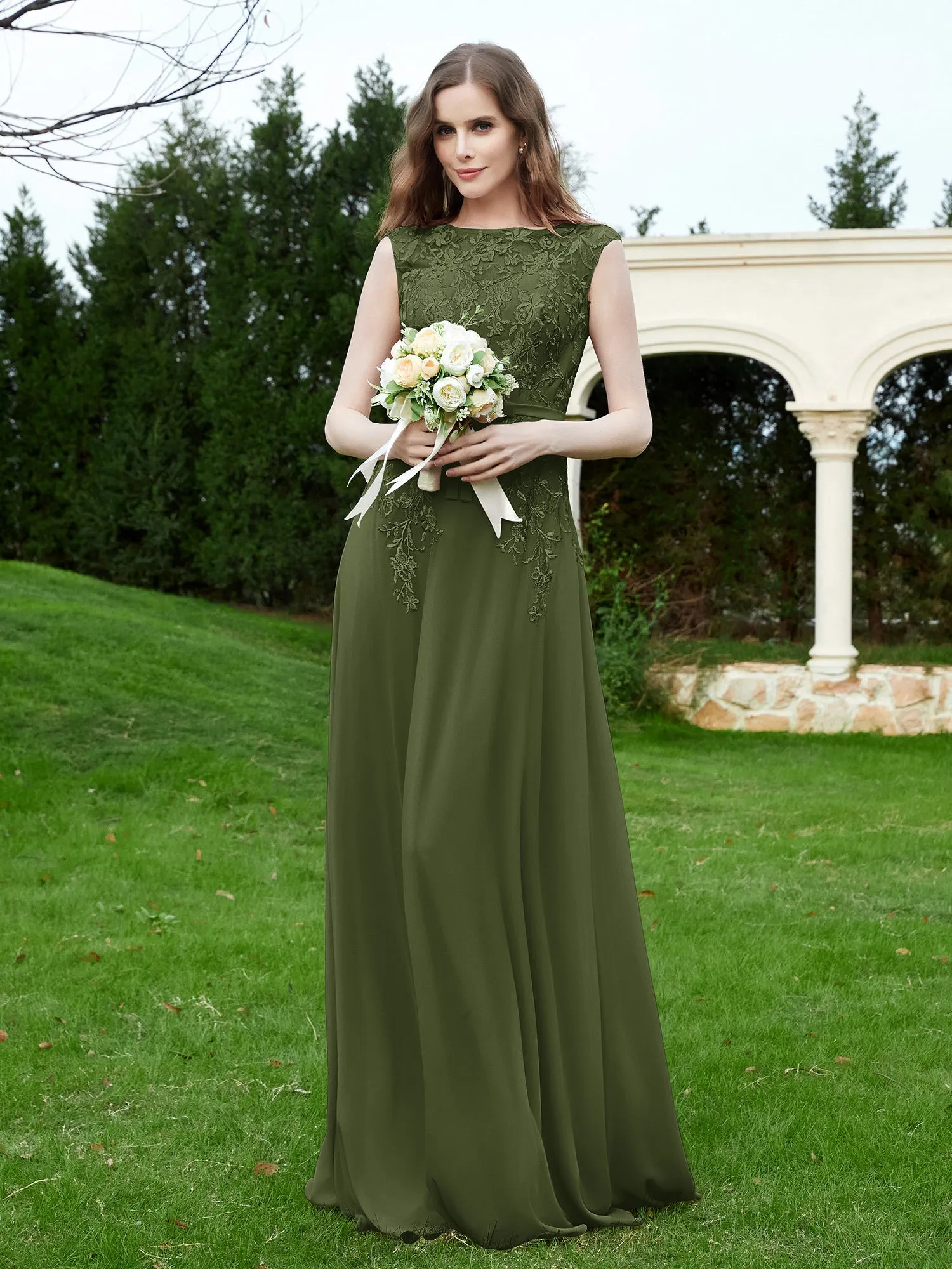Elegant Illusion Lace Appliqued Dress With Buttons Olive Green
