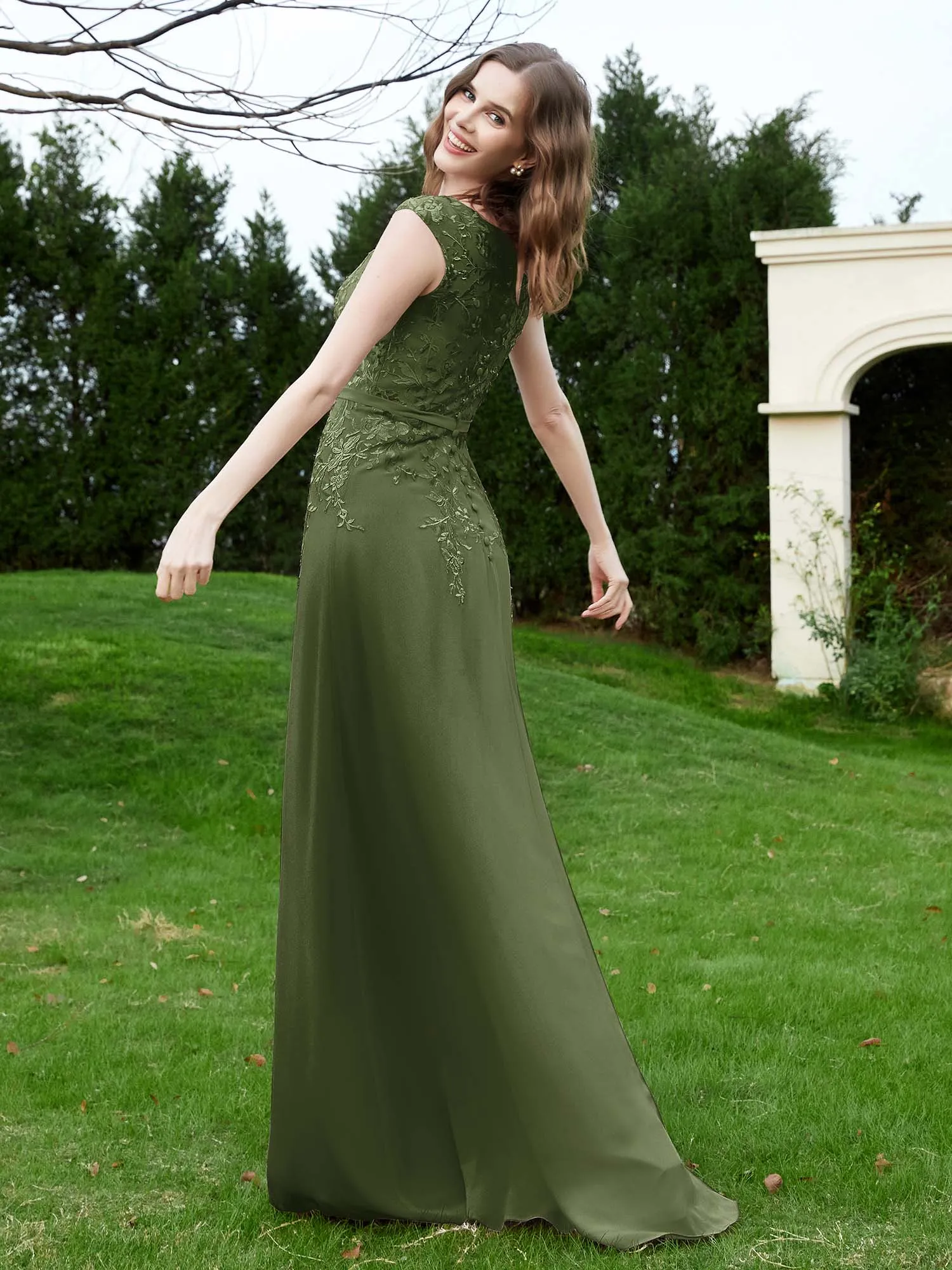 Elegant Illusion Lace Appliqued Dress With Buttons Olive Green