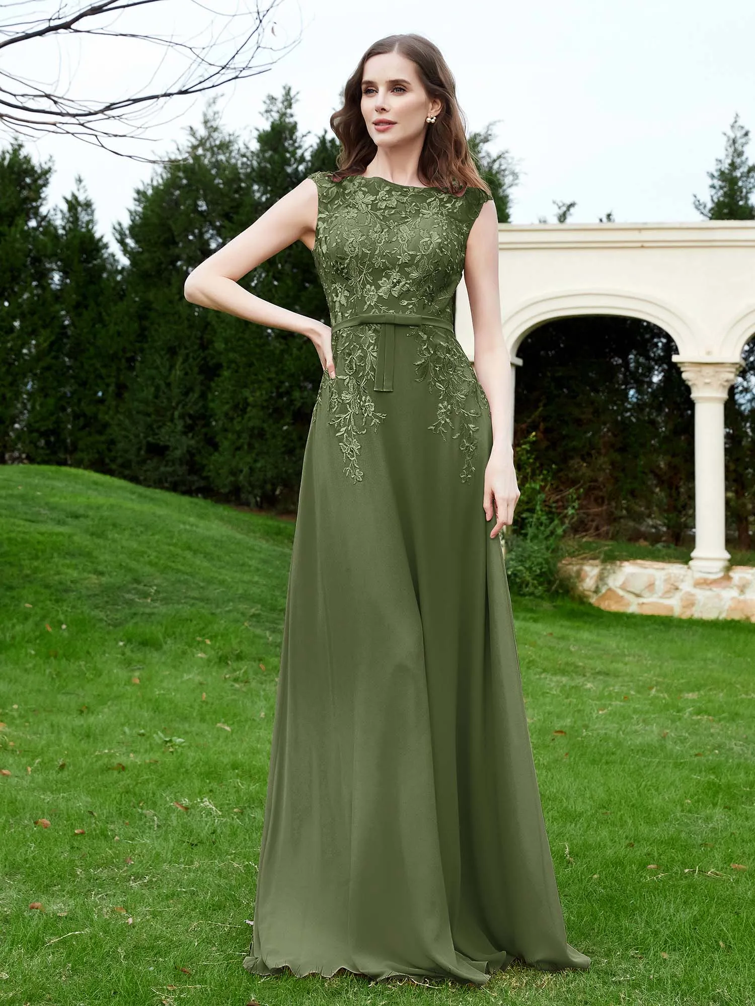 Elegant Illusion Lace Appliqued Dress With Buttons Olive Green