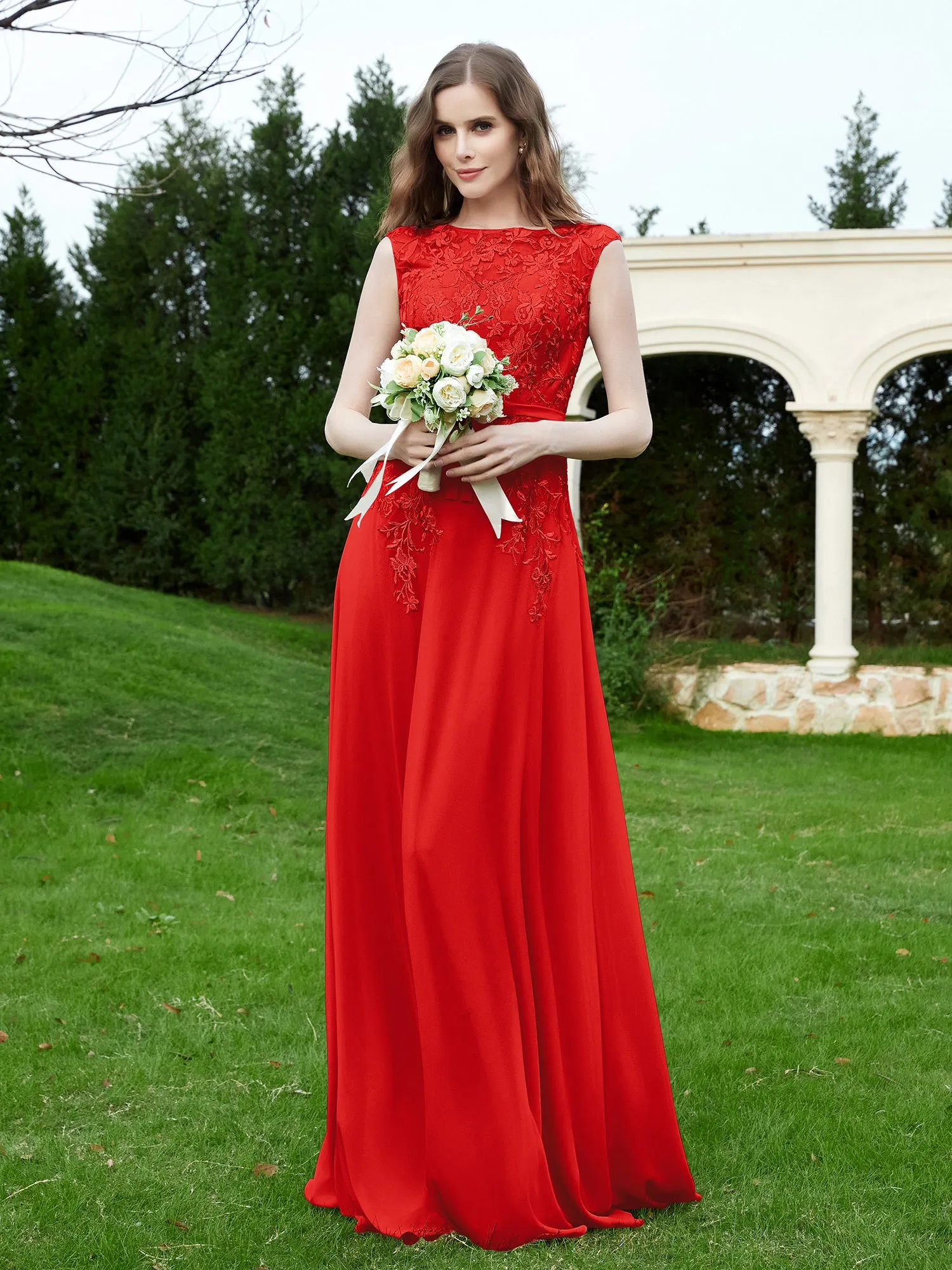 Elegant Illusion Lace Appliqued Dress With Buttons Red