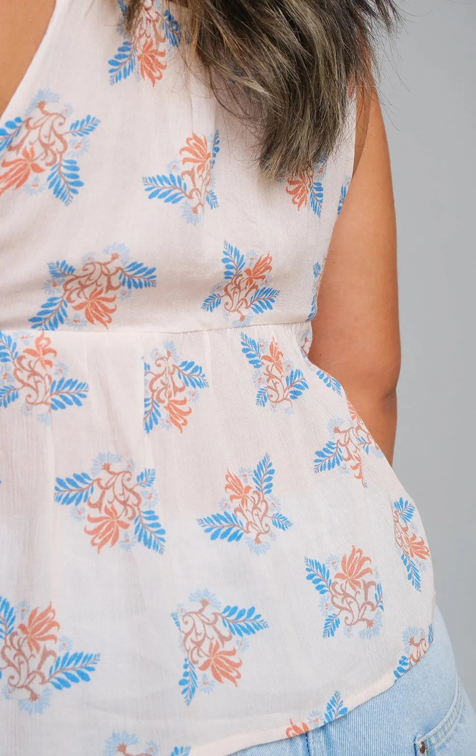 FLORAL BLOCK PRINT STRAPPY TOP WITH BLANKET STITCH
