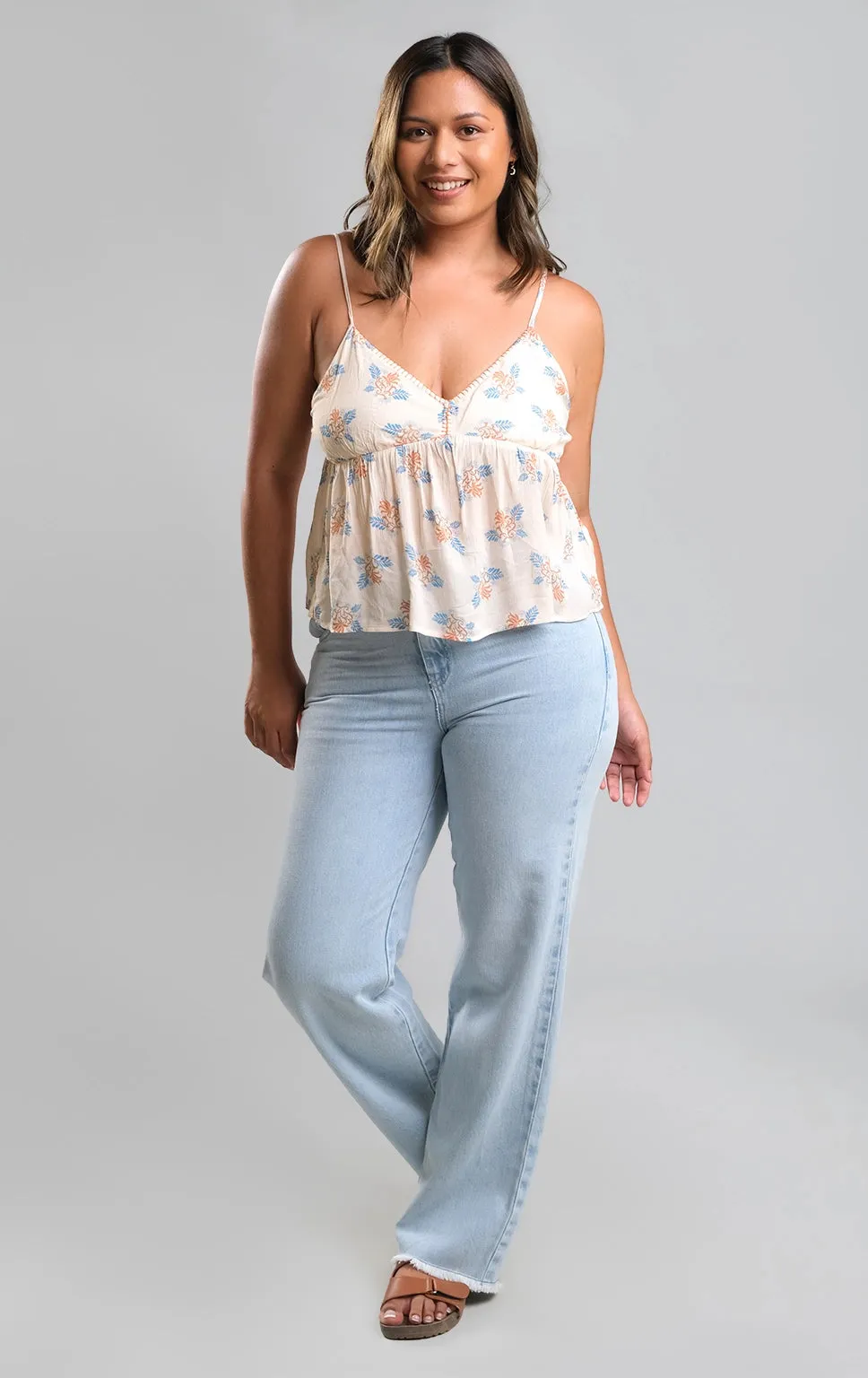 FLORAL BLOCK PRINT STRAPPY TOP WITH BLANKET STITCH