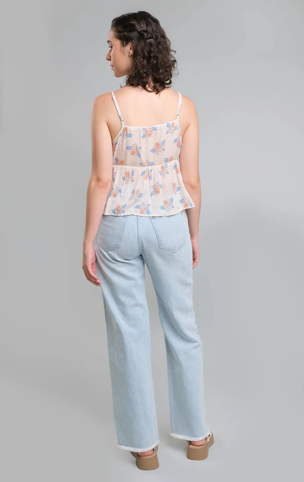 FLORAL BLOCK PRINT STRAPPY TOP WITH BLANKET STITCH