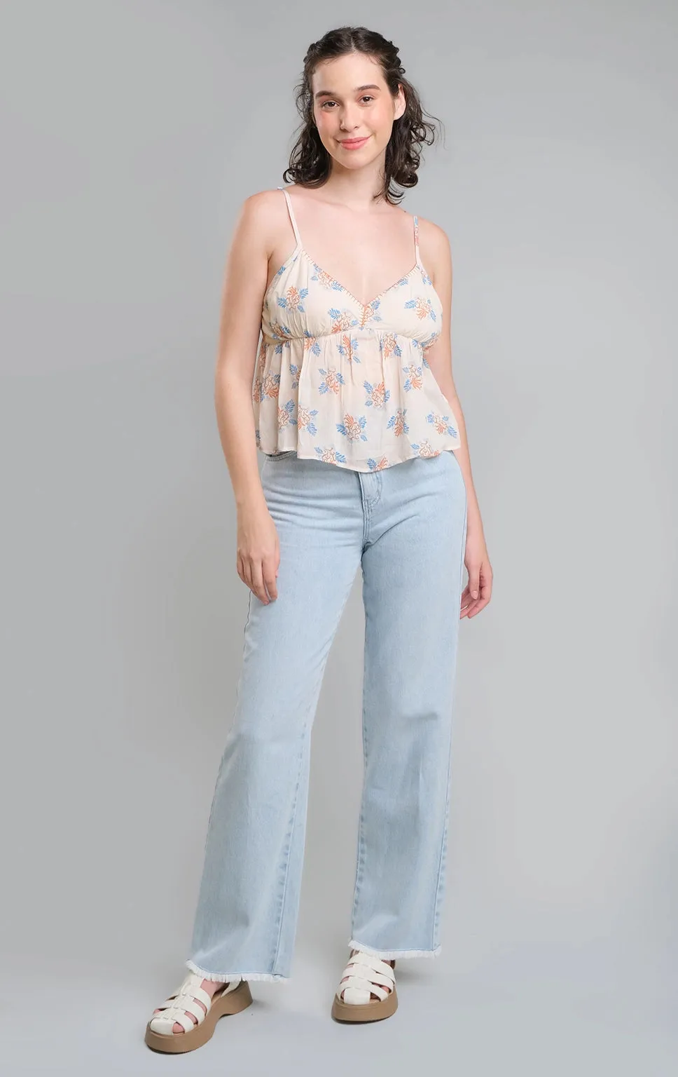 FLORAL BLOCK PRINT STRAPPY TOP WITH BLANKET STITCH