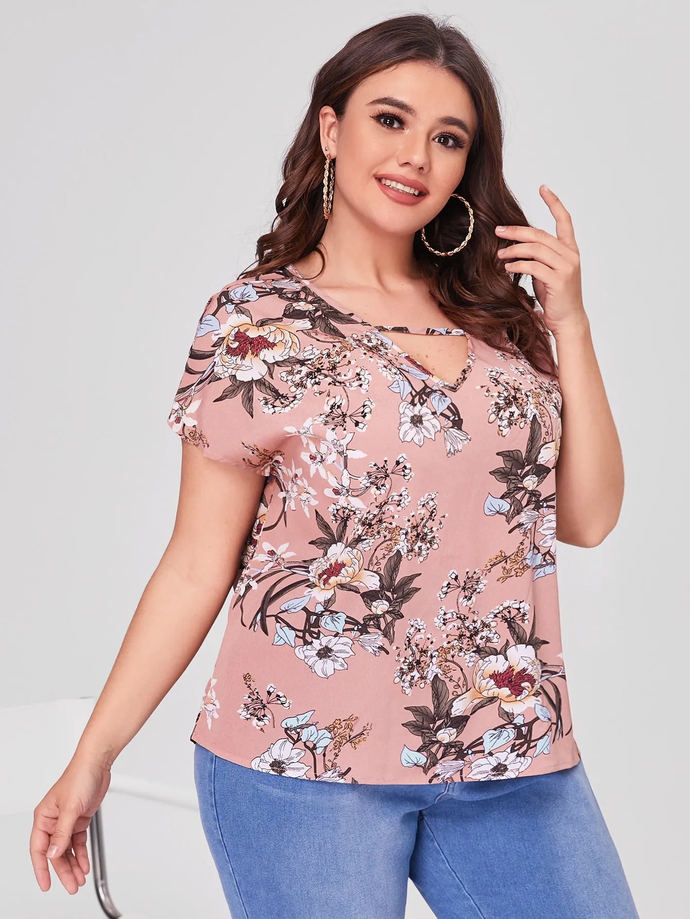 Floral Cut Out Short Sleeve V Neck Regular Plus Size Blouse