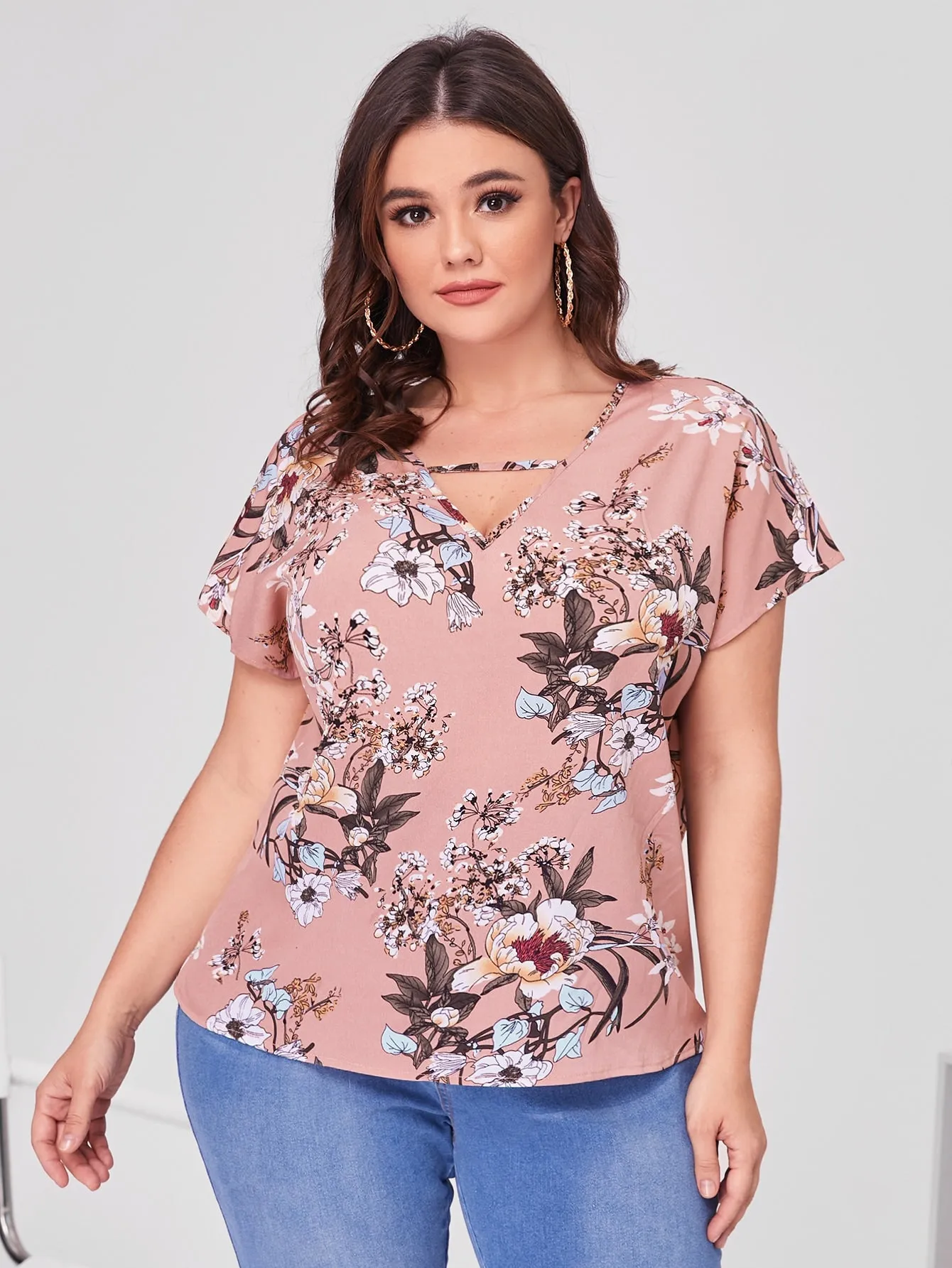 Floral Cut Out Short Sleeve V Neck Regular Plus Size Blouse