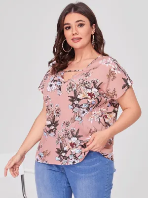 Floral Cut Out Short Sleeve V Neck Regular Plus Size Blouse