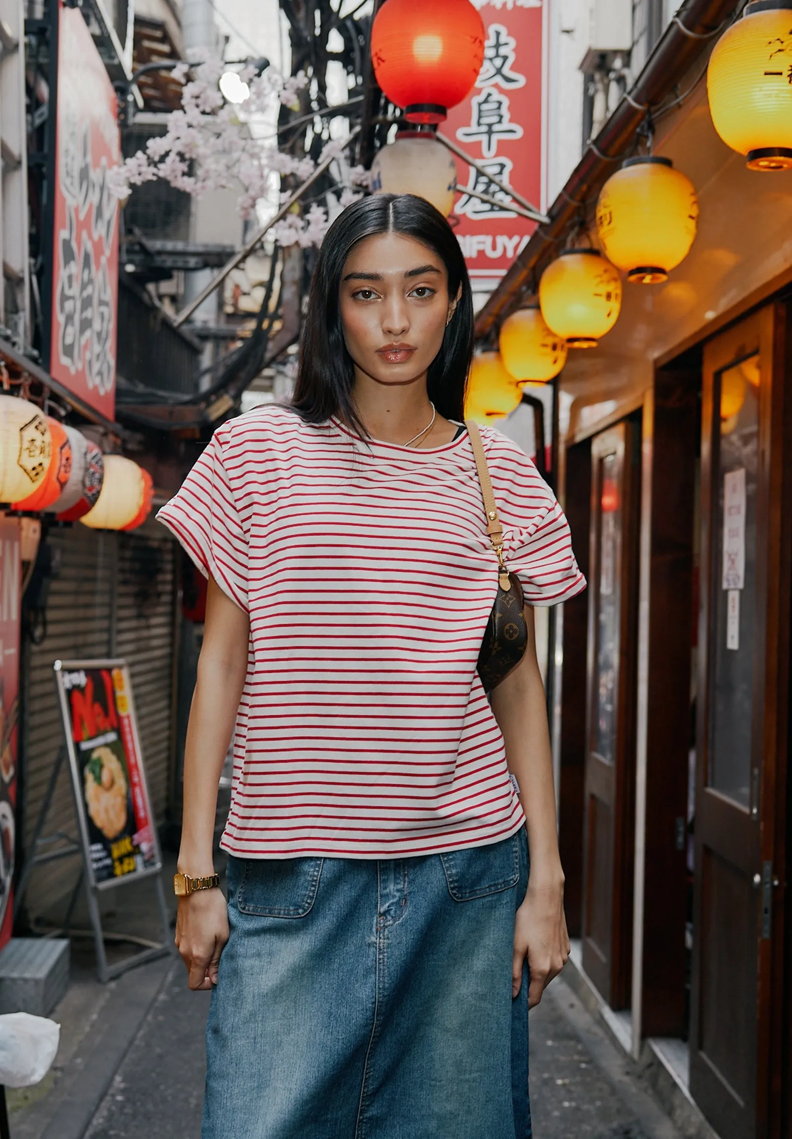 Francy Red Stripes Rolled Sleeve T-Shirt