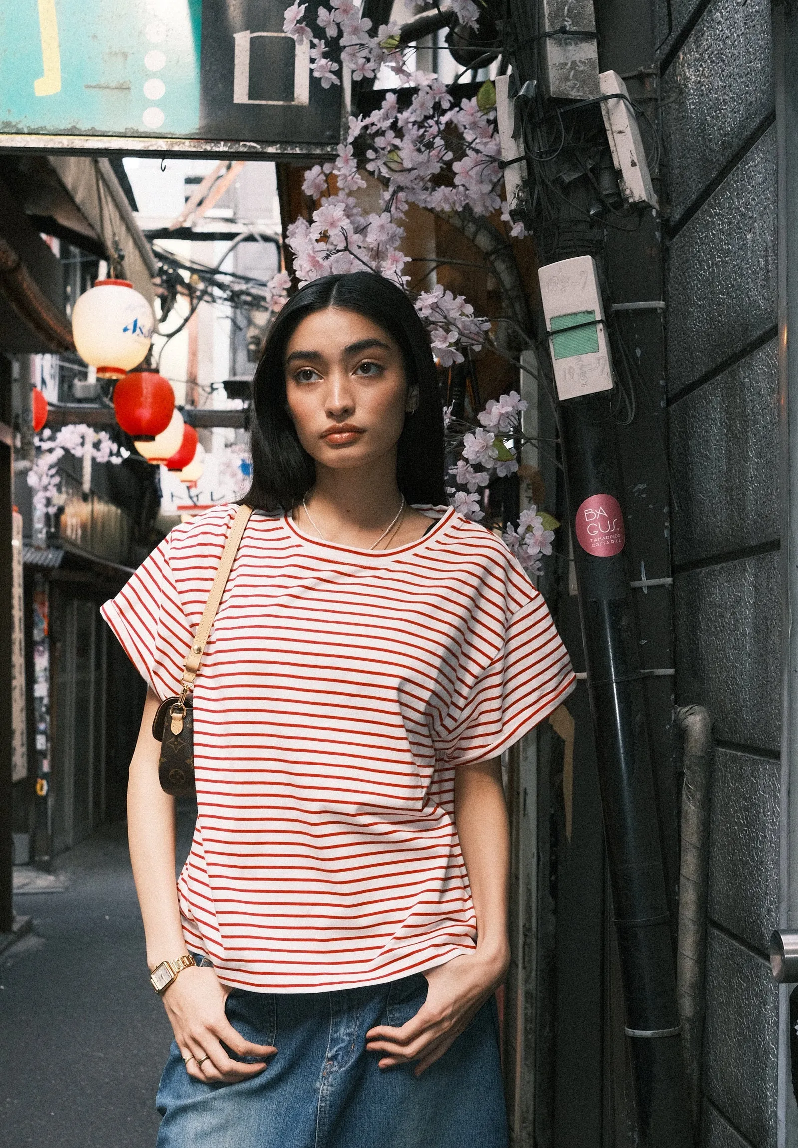 Francy Red Stripes Rolled Sleeve T-Shirt