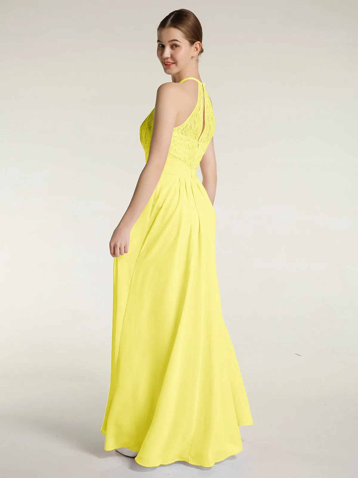 Halter Chiffon And Lace Long Dresses Lemon