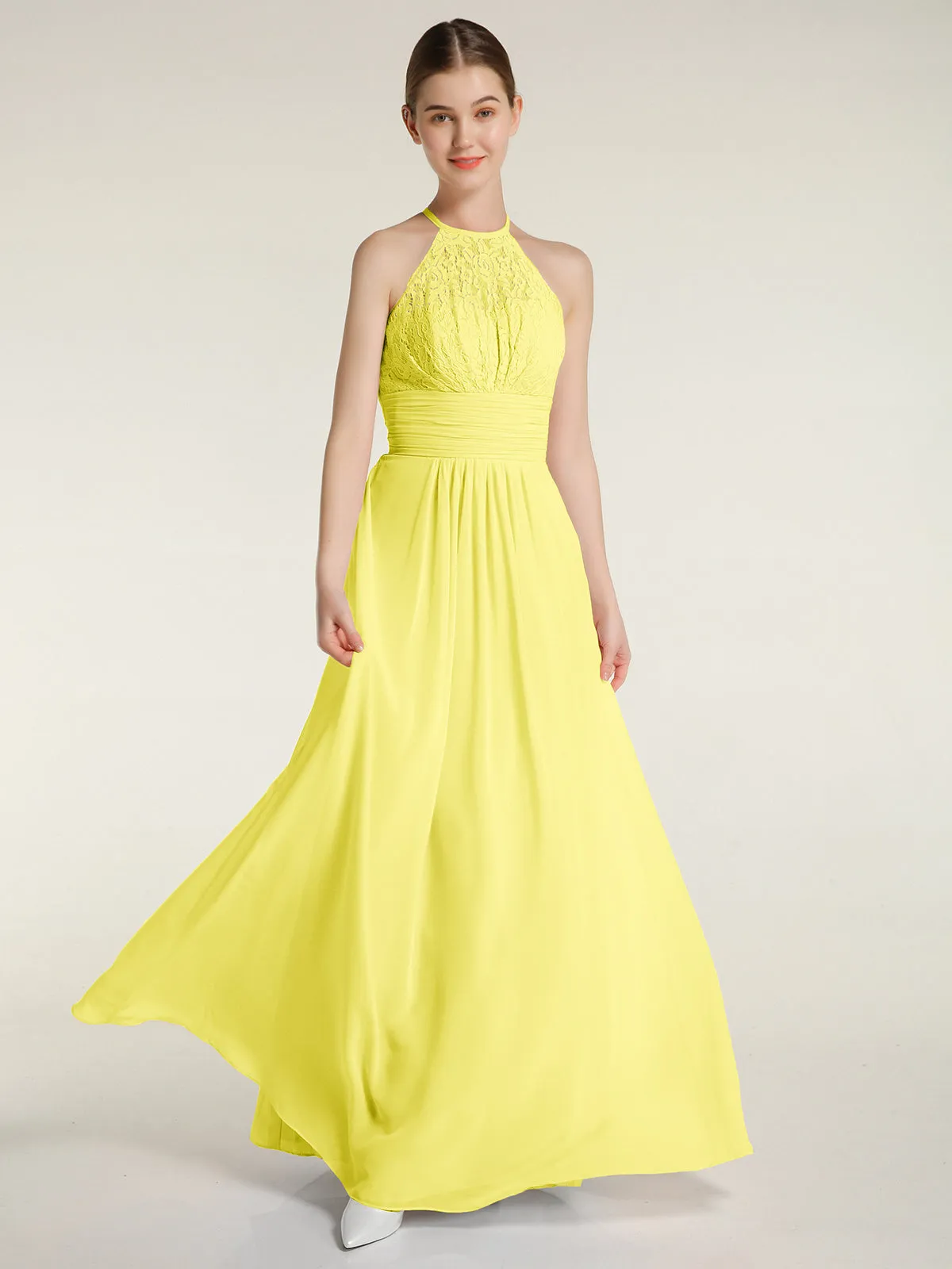 Halter Chiffon And Lace Long Dresses Lemon