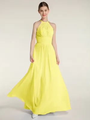 Halter Chiffon And Lace Long Dresses Lemon