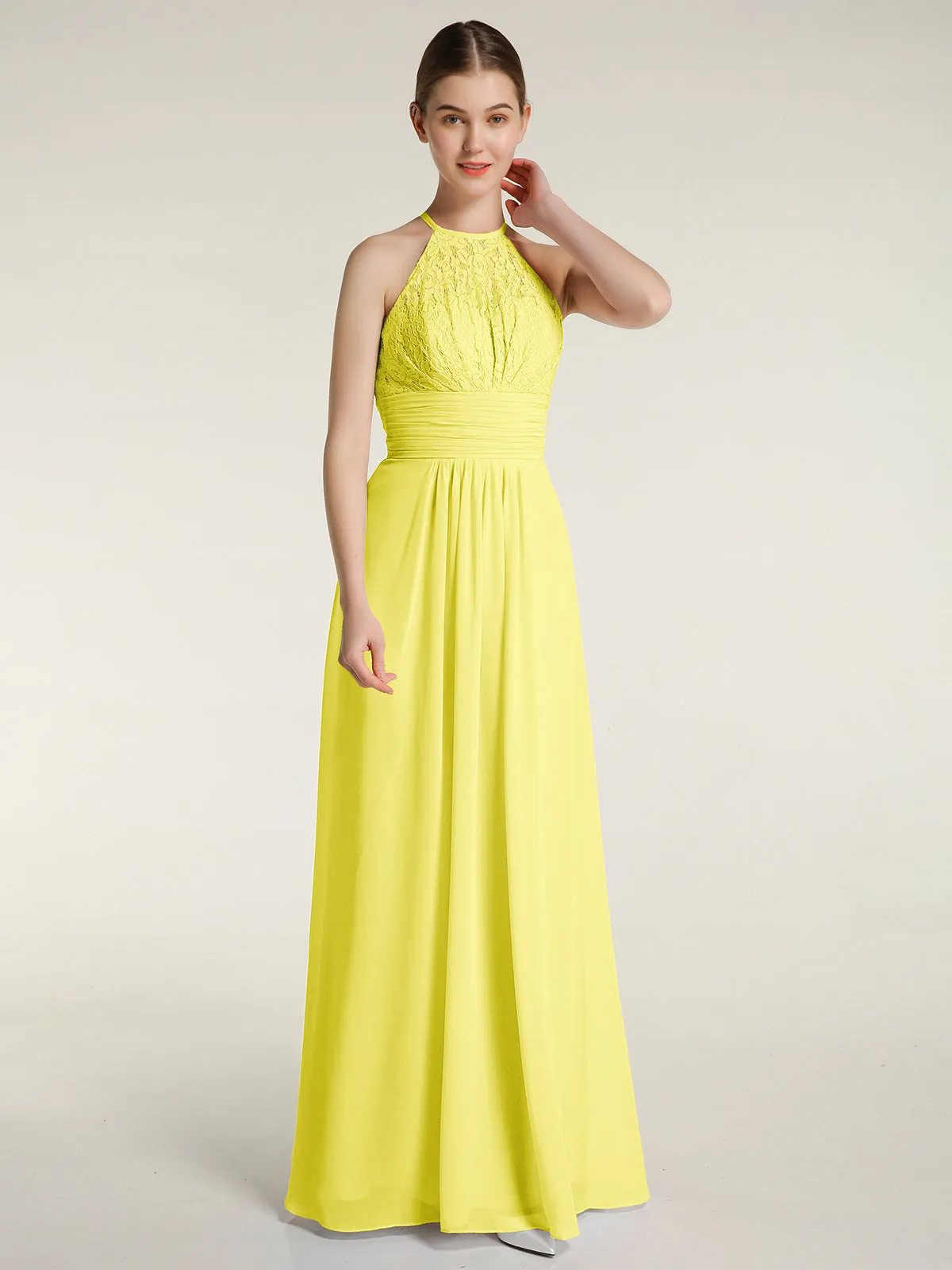 Halter Chiffon And Lace Long Dresses Lemon