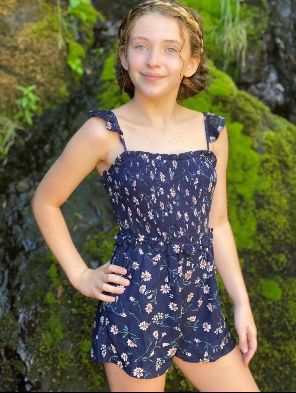 Hayden Los Angeles - Girls Ruffle Floral Smock Romper in Navy