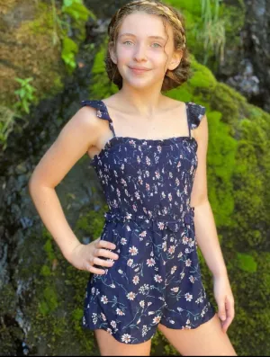 Hayden Los Angeles - Girls Ruffle Floral Smock Romper in Navy